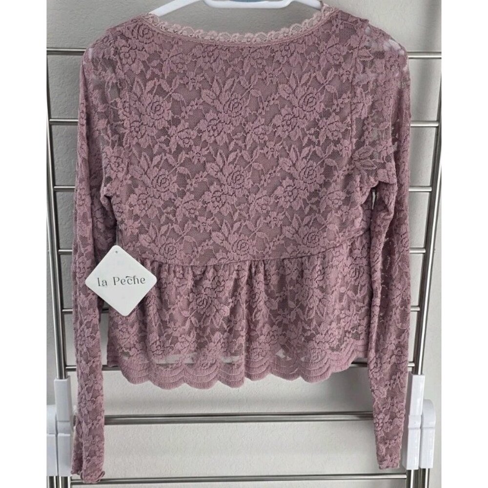 La Peche Mauve Lace Boho Top M Long Sleeve Floral Bridal Babydoll Cotton Blend - Picture 3 of 10